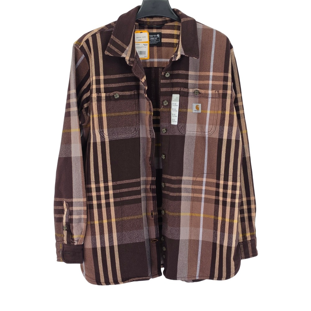 Carhartt Plaid Shirt Womens L Brown Heavyweight Twill Loose Fit 105576 NWT